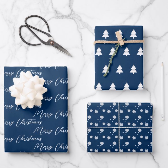 Navy Blue & Modern White Christmas Tree Wrapping Paper Sheet (Front)