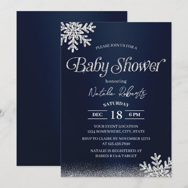 Navy Blue Modern Winter Snowflakes Baby Shower Invitation (Front/Back)