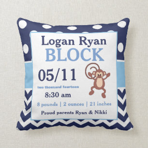 Navy Blue Monkey Baby Announcement Pillow