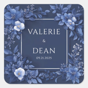 Navy Blue Monochrome Floral Modern Square Frame Sticker