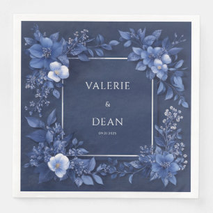 Navy Blue Monochrome Floral White Wedding Napkin