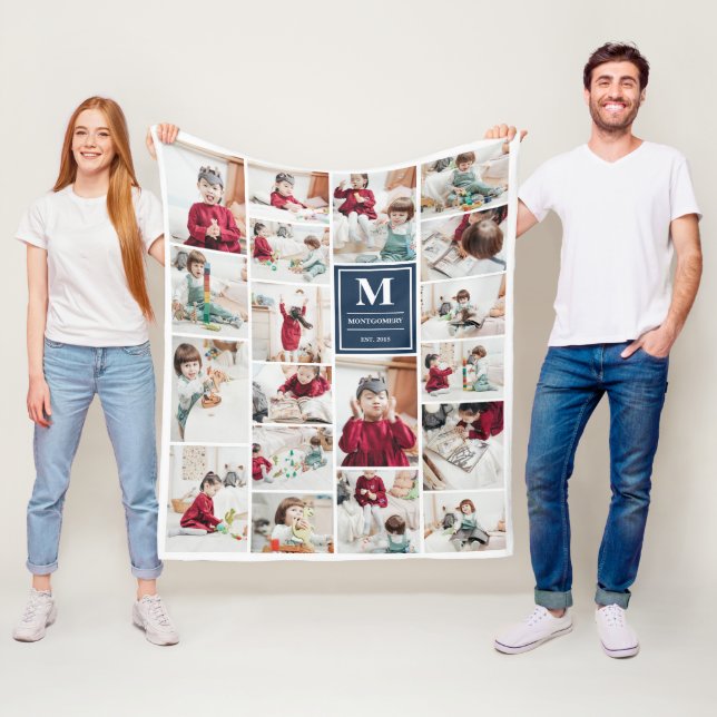 Navy Blue Monogram 19 Pictures Photo Collage Fleece Blanket (In Situ)