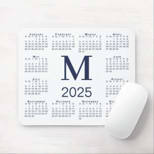 Navy Blue Monogram 2025 Calendar on White Mouse Mat