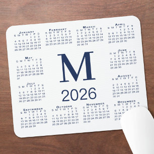 Navy Blue Monogram 2026 Calendar on White Mouse Mat