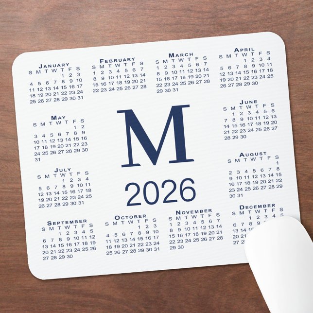 Navy Blue Monogram 2026 Calendar on White Mouse Mat (Navy Blue Monogram 2026 Calendar on White Mouse Pad, in situ)