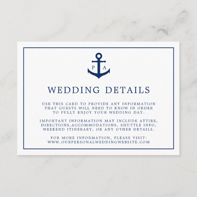 Navy Blue Monogram Anchor Nautical Wedding Enclosure Card (Front)