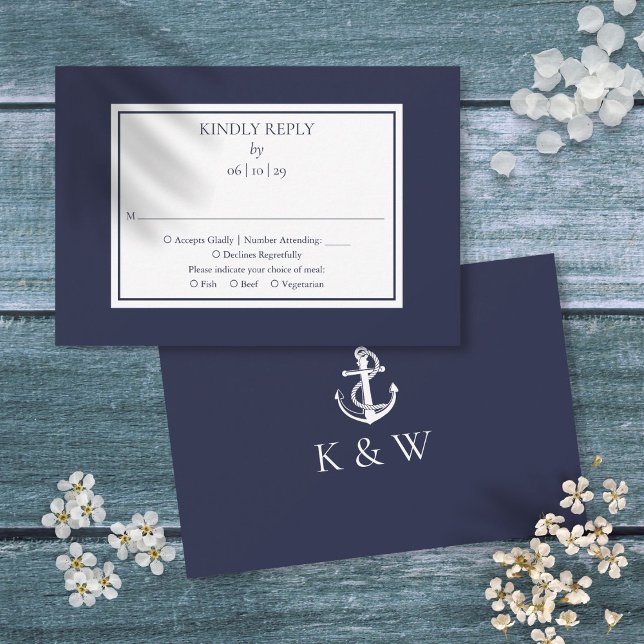 Navy Blue Monogram Anchor Nautical Wedding RSVP Card (Navy Blue Monogram Anchor Nautical Wedding RSVP Card)