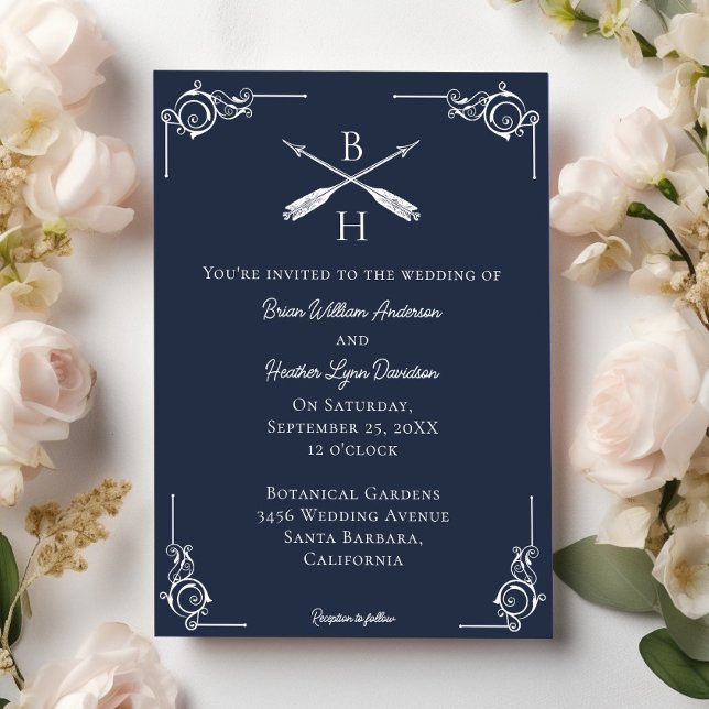 Navy Blue Monogram and Arrows Wedding Invitation (Navy Blue Monogram and Arrows Wedding Invitation)