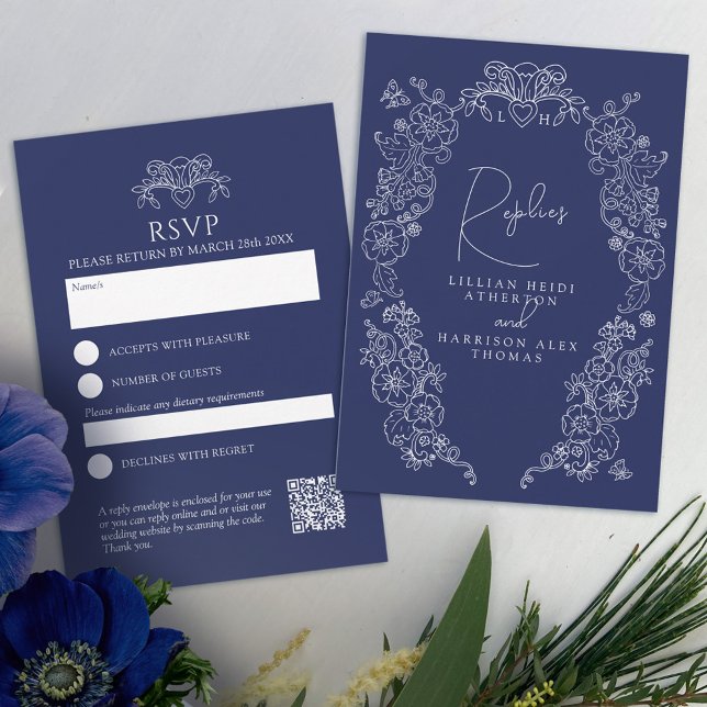 Navy blue monogram blossom RSVP wedding Card (Creator Uploaded)