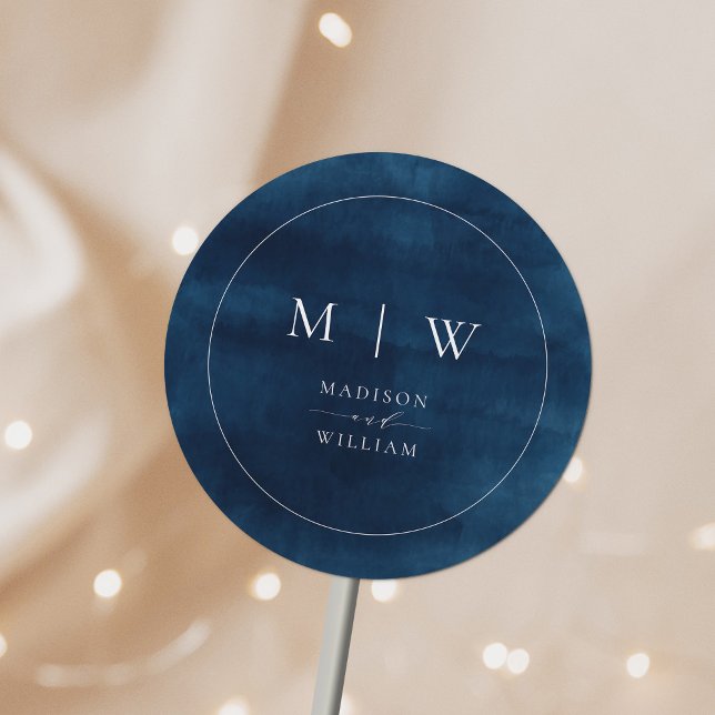 Navy Blue Monogram & Border Elegant Wedding Classic Round Sticker (Creator Uploaded)
