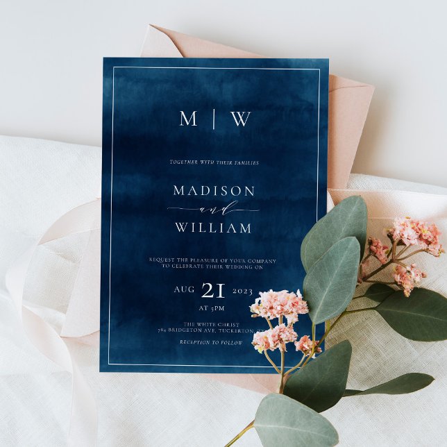 Navy Blue Monogram & Border Elegant Wedding Invitation (Creator Uploaded)