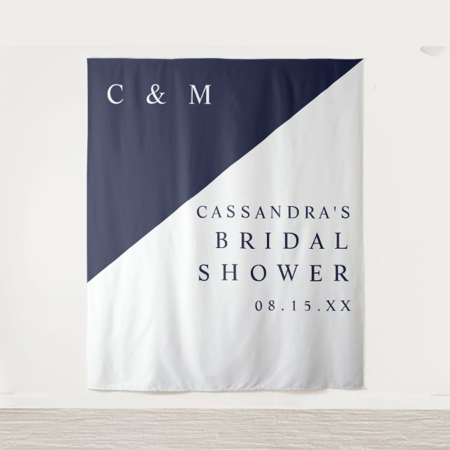 Navy Blue Monogram Bridal Shower Photo Backdrop Tapestry (Front)