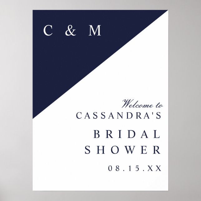 Navy Blue Monogram Bridal Shower Welcome Sign (Front)