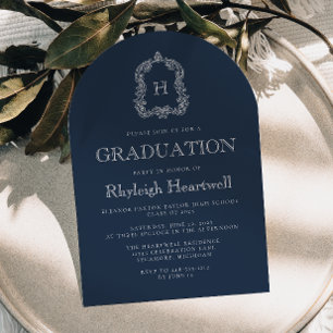 Navy Blue Monogram Crest Arch Graduation Party Invitation