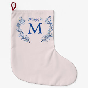 Navy Blue Monogram Crest On Blush Pink Large Christmas Stocking