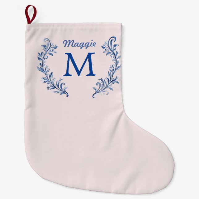 Navy Blue Monogram Crest On Blush Pink Large Christmas Stocking (Front)