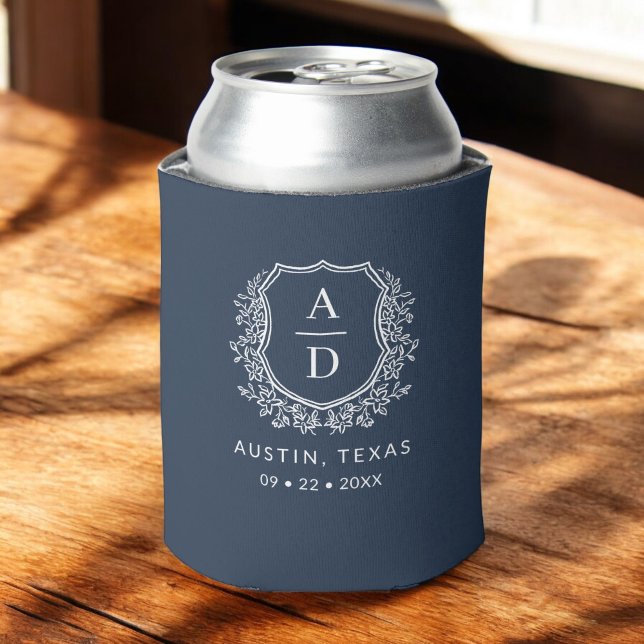 Navy Blue Monogram Crest Wedding  Can Cooler (Creator Uploaded)
