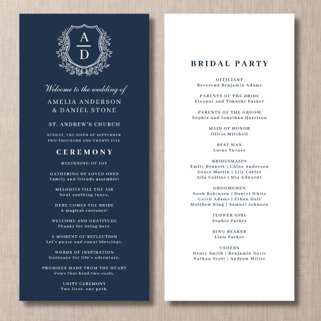 Navy Blue Monogram Crest Wedding Program (Creator Uploaded)