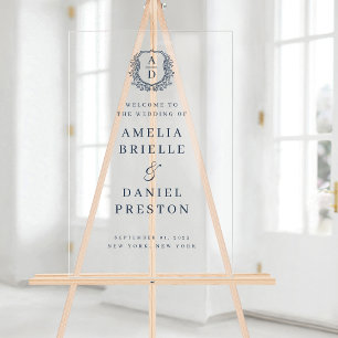 Navy Blue Monogram Crest Wedding Welcome Sign