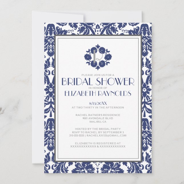 Navy Blue Monogram Damask Bridal Shower Invitation (Front)