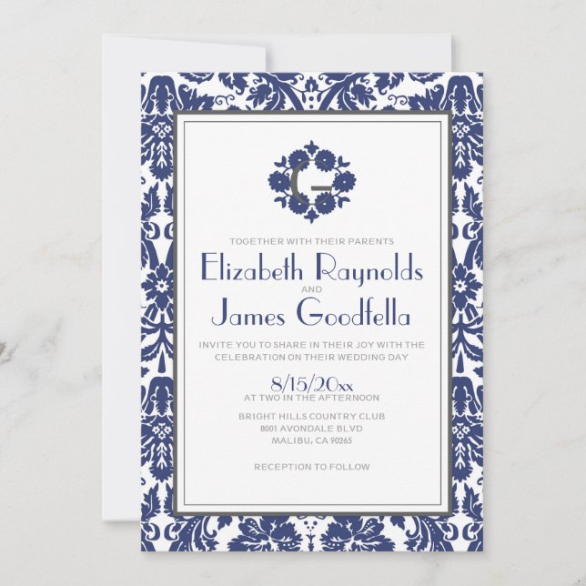 Navy Blue Monogram Damask Wedding Invitations (Front)
