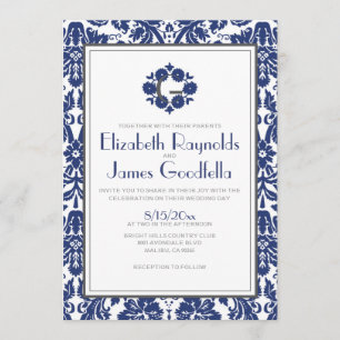 Navy Blue Monogram Damask Wedding Invitations