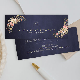 Navy Blue Monogram Elegant Floral Wedding Planner Mini Business Card
