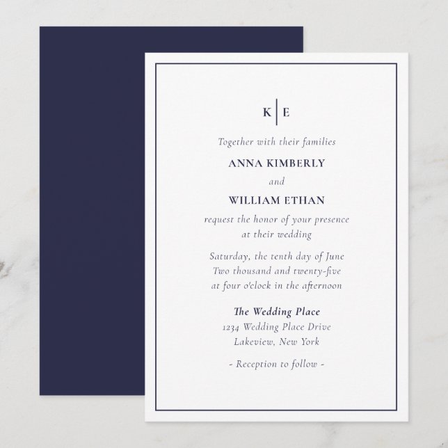Navy Blue Monogram - Families Wedding Invitations (Front/Back)