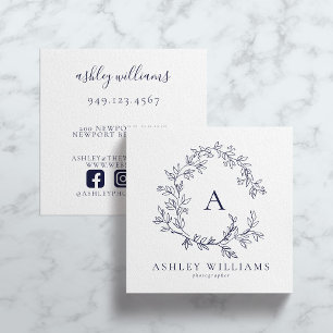 Navy Blue Monogram Floral Crest Professional Square Business Card