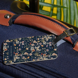Navy Blue Monogram Floral Luggage Tag