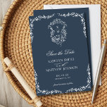Navy Blue Monogram Floral Vintage Crest Wedding Sa Save The Date<br><div class="desc">Navy Blue Monogram Floral Vintage Crest Wedding Save the Date Card. Celebrate your special day with this elegant and beautiful wedding invitation design to beautify your special occasion. All the texts are pre-arranged for you to personalise easily and quickly with your own details.</div>