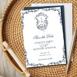 Navy Blue Monogram Floral Vintage Crest Wedding Save The Date<br><div class="desc">Navy Blue Monogram Floral Vintage Crest Wedding Save the Date Card. Celebrate your special day with this elegant and beautiful wedding invitation design to beautify your special occasion. All the texts are pre-arranged for you to personalise easily and quickly with your own details.</div>