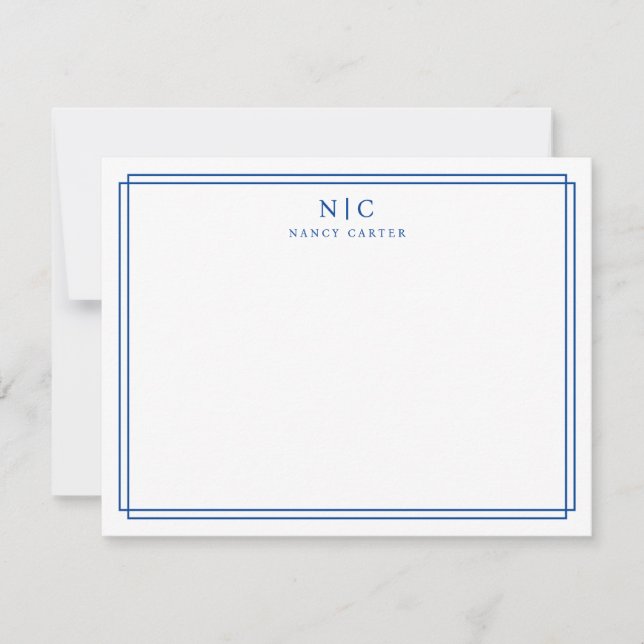 Navy Blue Monogram Geometric Border Card (Front)