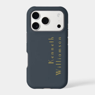 Navy Blue Monogram Gold Retro Name Minimalist Men 