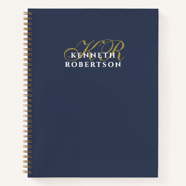 Navy Blue Monogram Gold White Minimalist Men Chic Notebook (Front)