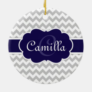 Navy Blue Monogram Grey Chevron Pattern Ceramic Tree Decoration