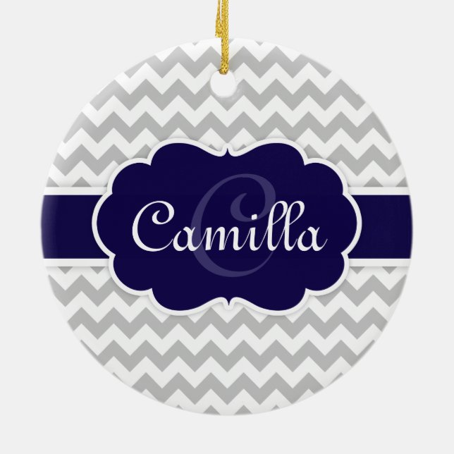 Navy Blue Monogram Grey Chevron Pattern Ceramic Tree Decoration (Back)