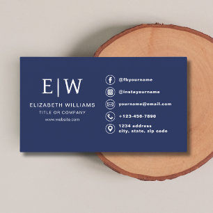 Navy Blue Monogram Minimalist Social Media Icons Business Card