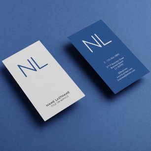 Navy Blue Monogram Minimalistic White Vertical Business Card