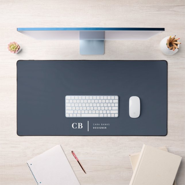 Navy Blue Monogram Modern Minimal Simple Desk Mat (Office 1)