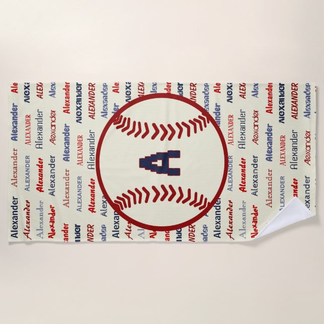 Navy Blue Monogram Name Gifts for Kids baseball Beach Towel (Front)