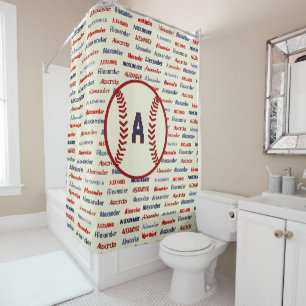 Navy Blue Monogram Name Gifts for Kids baseball Shower Curtain