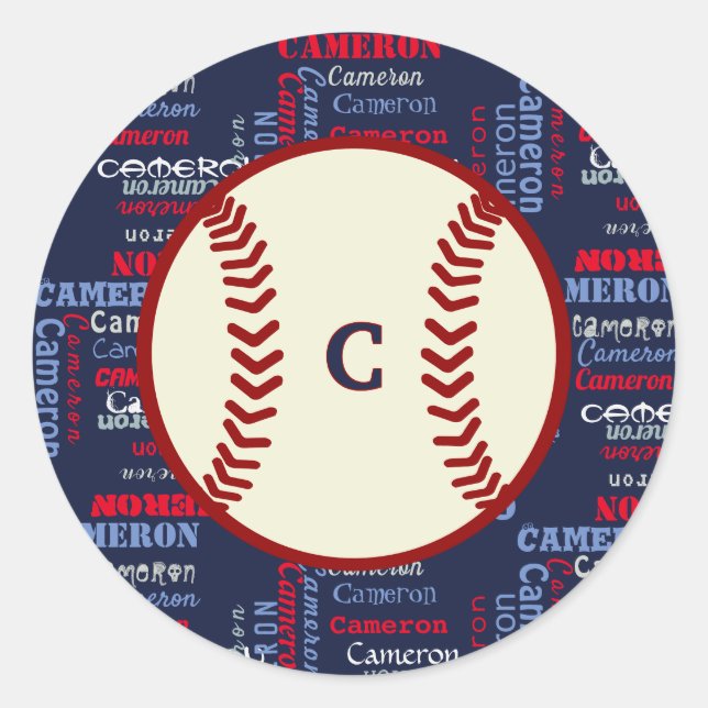 Navy Blue Monogram Name Gifts Kids boys baseball C Classic Round Sticker (Front)
