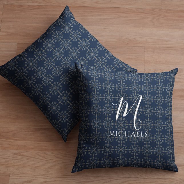 Navy Blue Monogram Pattern Custom Cushion (Navy blue Silver Snowflake pattern monogram and name pillow)