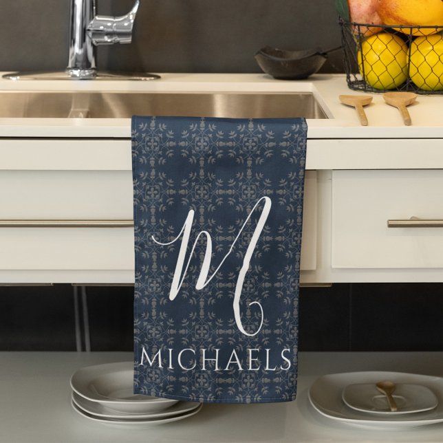 Navy Blue Monogram Personalised Tea Towel (Navy blue monogram script kitchen towel. )