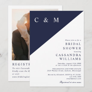 Navy Blue Monogram Photo QR Code Bridal Shower Invitation