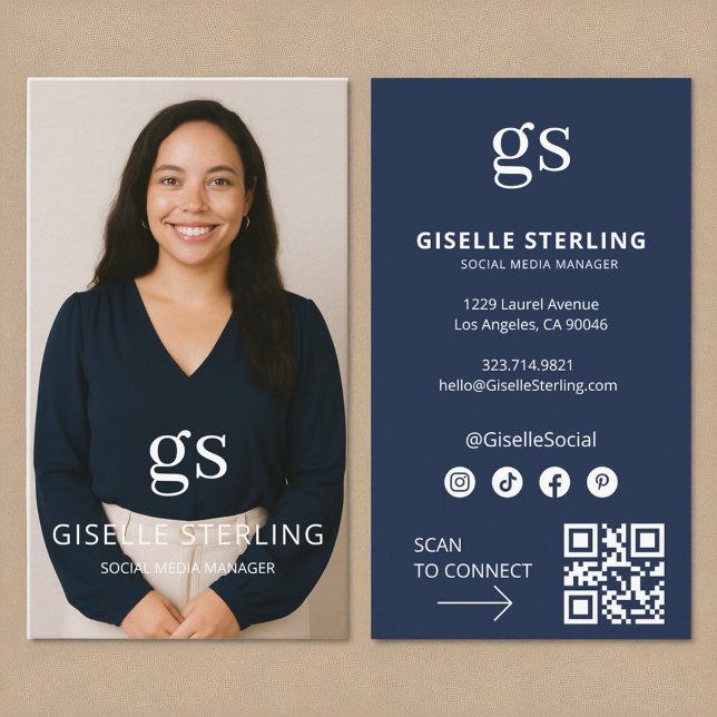 Navy Blue Monogram Photo Social Media QR Code Business Card (Creator Uploaded)