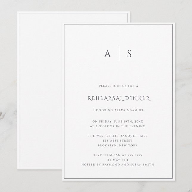 Navy Blue Monogram Rehearsal Dinner Invitation (Front/Back)