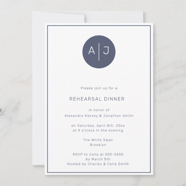 Navy Blue Monogram Rehearsal Dinner Invitation (Front)