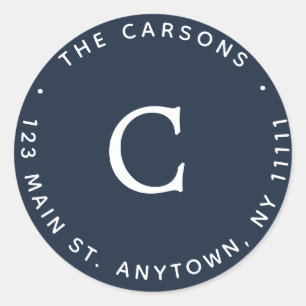 Navy Blue Monogram Round Return Address Label